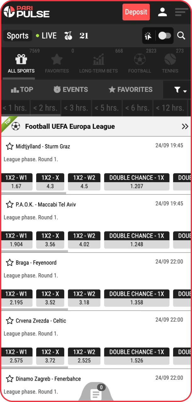 Select events for sports betting quickly with PariPulse.