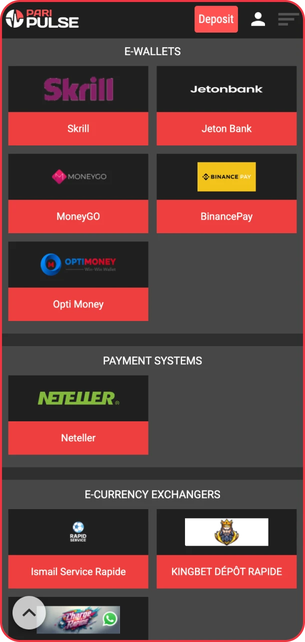 Choose your preferred deposit method easily on PariPulse.