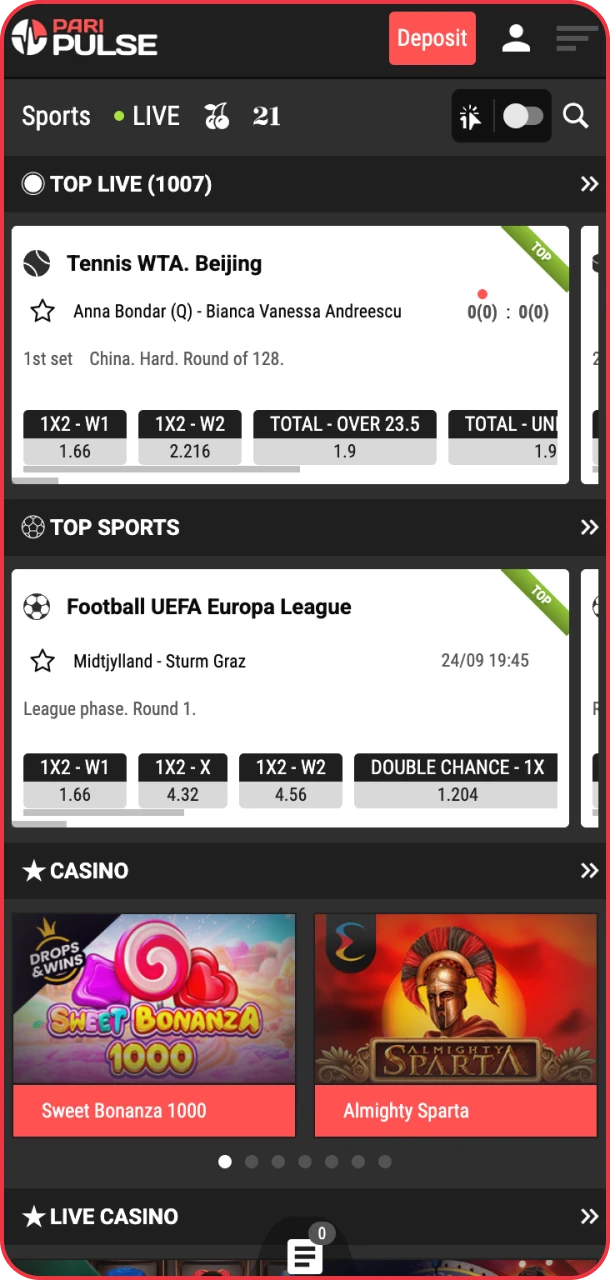 Begin exploring casino and sports betting on PariPulse iOS.