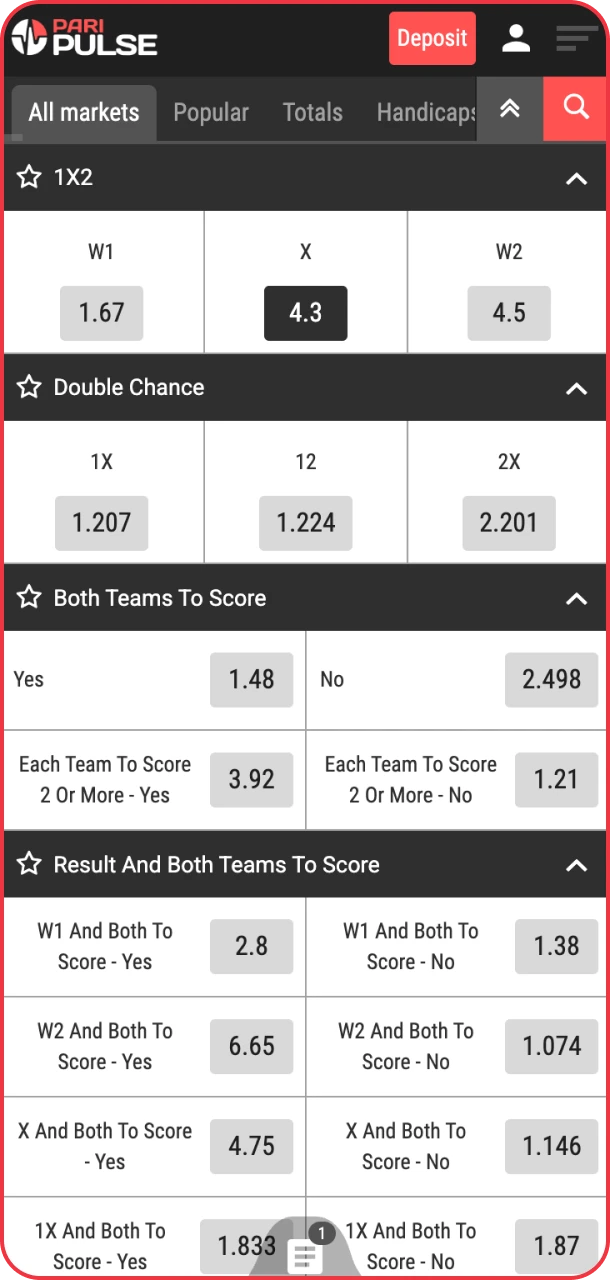 Specify betting markets easily on PariPulse sports app.