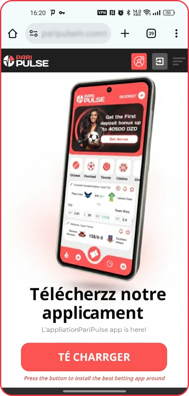 Cliquez pour installer l'application Android pour le casino et les sports PariPulse.