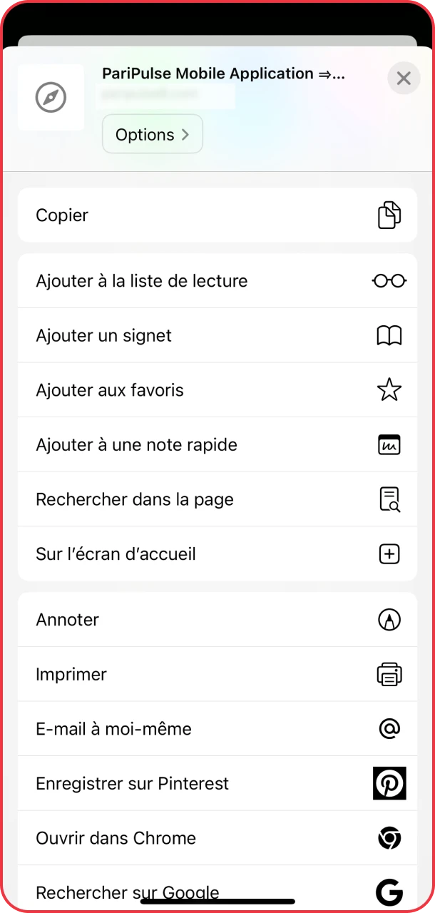 Ajoutez l'application iOS à votre écran d'accueil PariPulse.