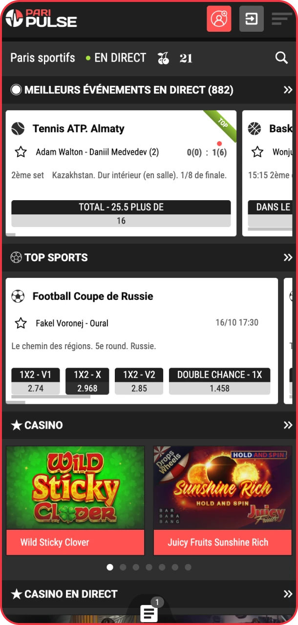 Commencez à explorer les casinos et les paris sportifs sur PariPulse iOS.