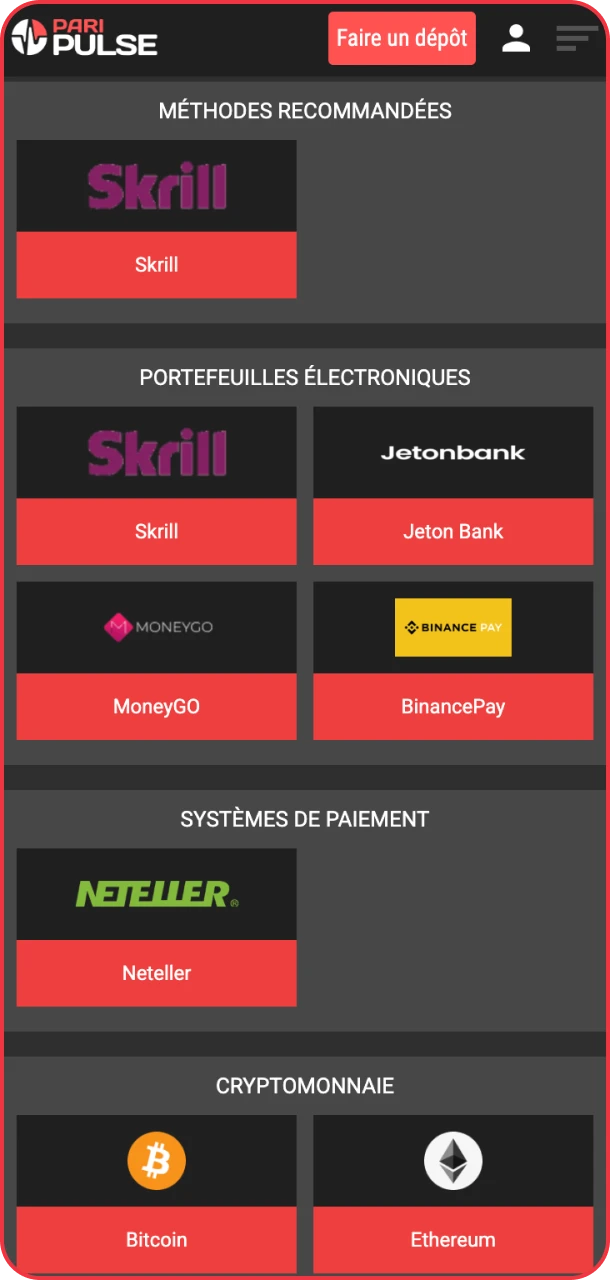 Choisissez facilement votre méthode de dépôt préférée sur PariPulse.