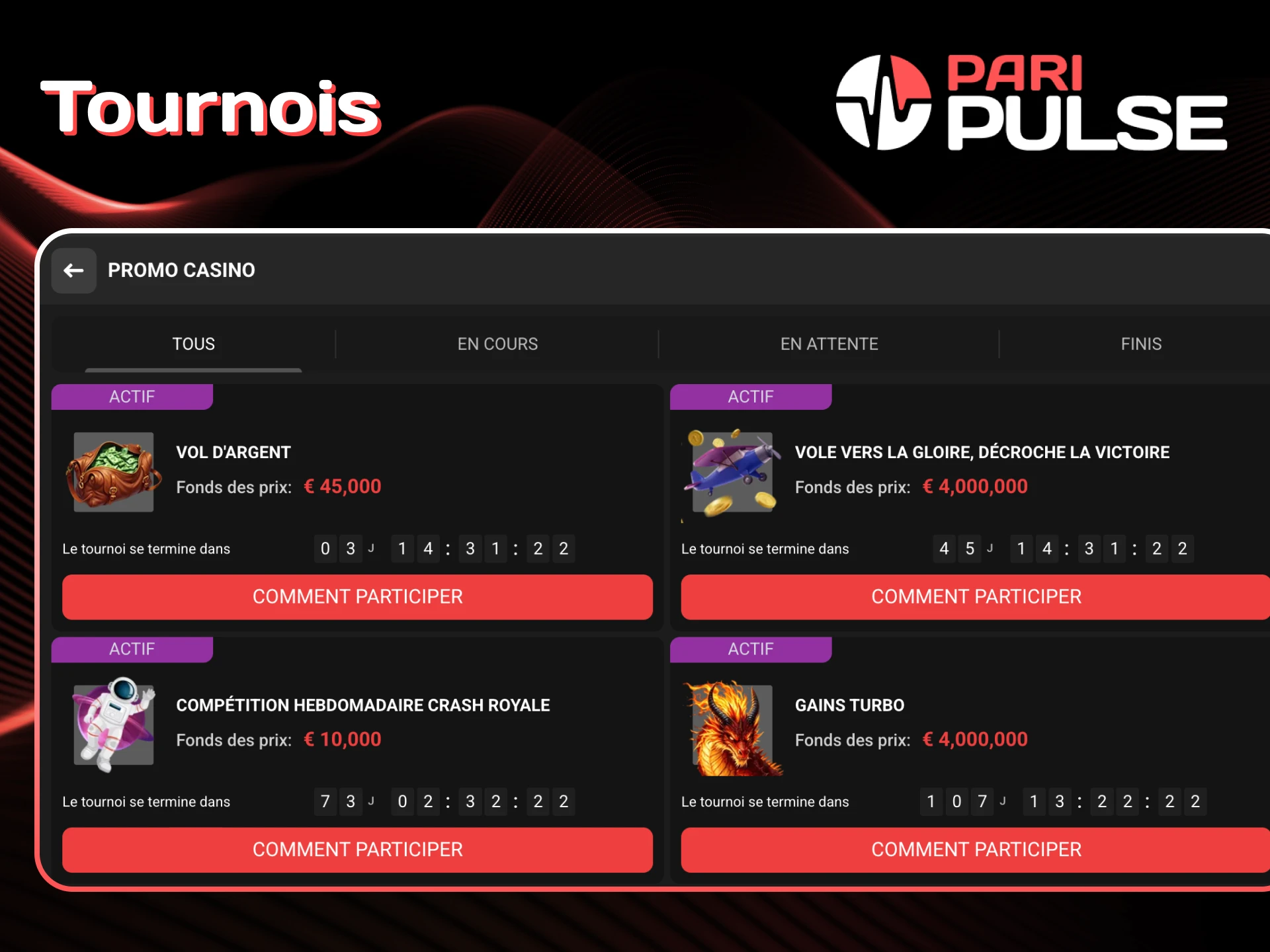 Rejoignez des tournois passionnants et gagnez des récompenses PariPulse.